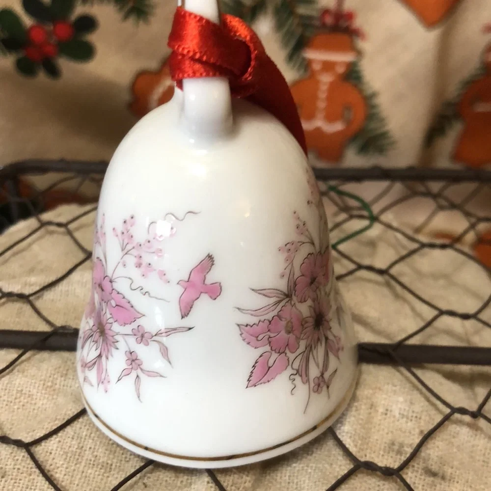 German Kronach (West Germany) Porcelain Pink Floral & Bird Bell w 22K Gold...
